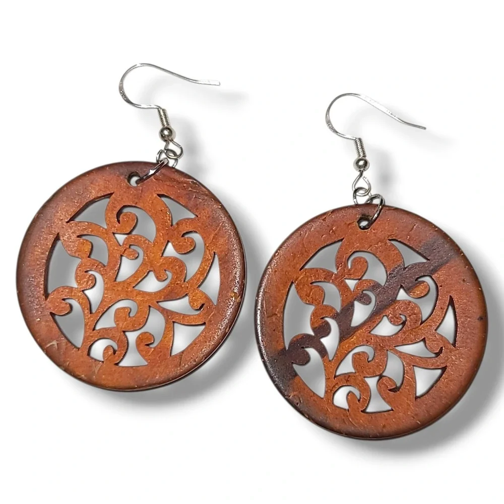 Hand Carved Olive Wood Filigree‎ Dangle Earrings Boho Ethnic Round Drop